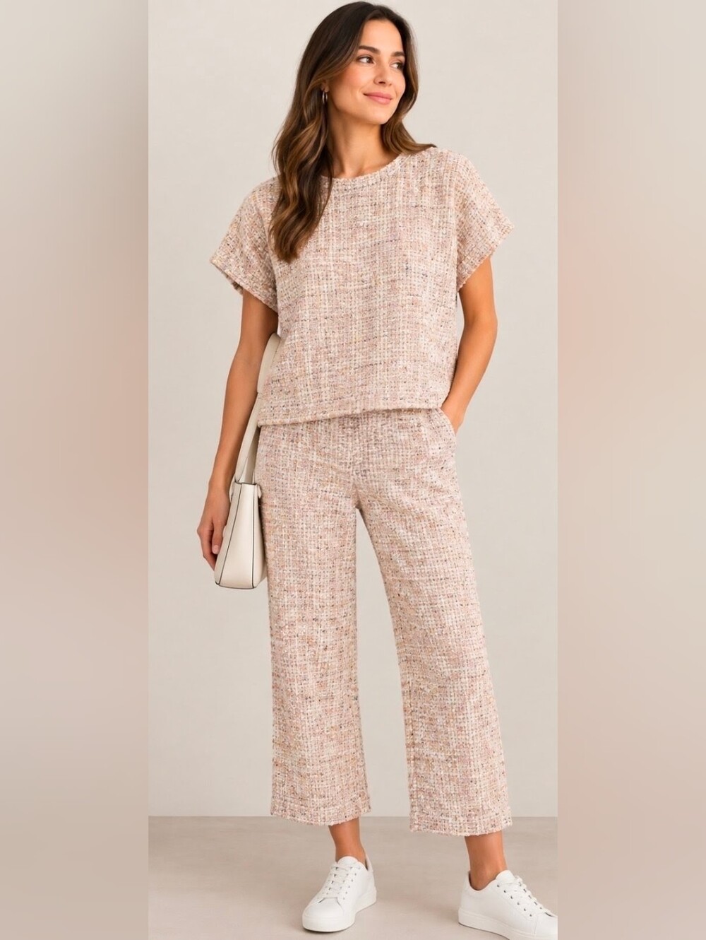 Molly Green Tweedy Matching Set Boxy Crop Top & Wide Leg Lounge Pants